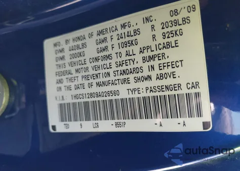 2009 Honda Accord 2.4 Ex-L z USA, uszkodzony, nr VIN 1HGCS12809A026560